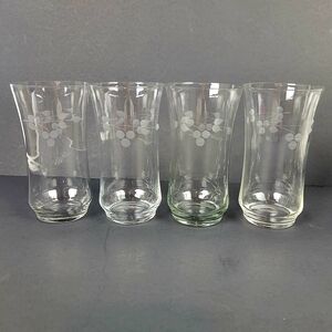 Vintage 70s Collins Glass~Etched Leaf & Berry/Cherry~Flared~5.5"~Set of 4
